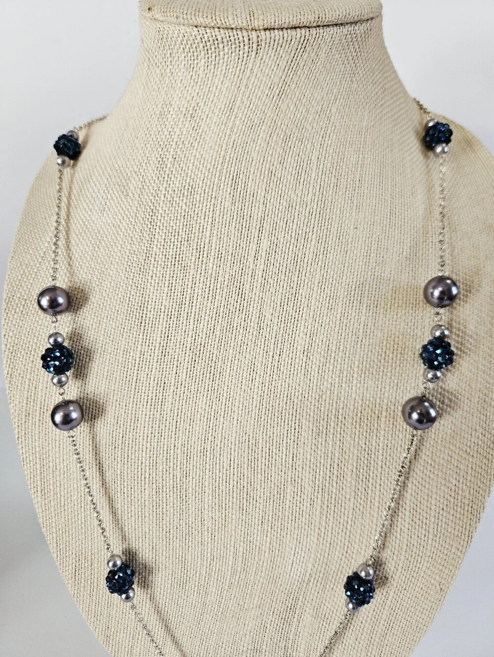 Vintage RMN Roman Blue Faux Pearl Beaded Silver Tone Opera Length Chain Necklace
